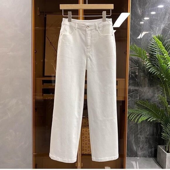 New women white Jeans Straight High Waisted Wide Leg Demin Pants - Picture 1 of 7